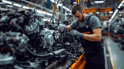 A man is working on an engine in an automotive factory, specializing in the production of motor vehicles and auto parts. AIG41