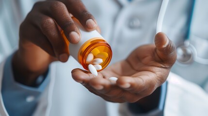 Close up of a doctor pouring prescription medicine pill from prescription pill bottle on hand, concept of stop drug, medication caring, healthy care.
