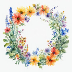 a wreath of beautiful wildflowers, summer, illustration. artificial intelligence generator, AI, neural network image. background for the design.