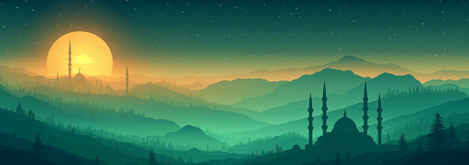 Green Sunrise Serenity of Peaceful Background with Mosque Illustration at Dawn
