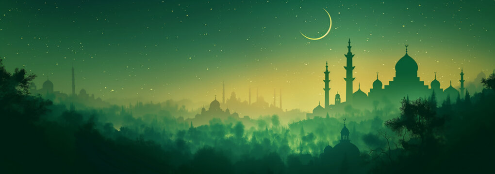 Serene Mosque Silhouette of Peaceful Islamic Background with Dawn Green Hue - Powered by Adobe