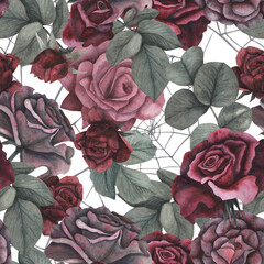 Seamless pattern black spider with cobweb and dark roses flowers and leaves isolated on white background. Watercolor hand draw dark fantasy illustration. Art design mystical Halloween witch decoration