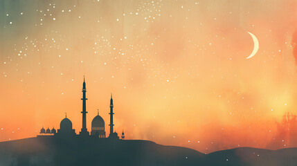 Retro Ramadan Vintage Mosque Silhouette Illustration on Orange Background