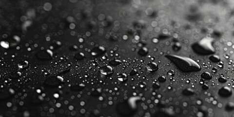Multiple water droplets are visible on a dark black surface, reflecting light and creating a striking contrast - obrazy, fototapety, plakaty