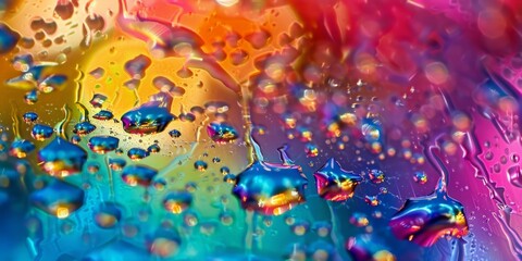 Vibrant drops of water in various colors are seen clustered on a glass window pane