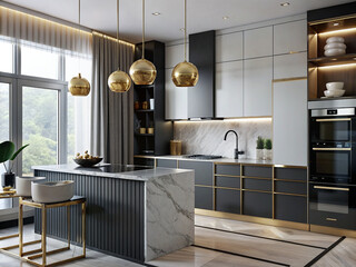 Modern Luxury kitchen interior with new stylish furniture, white marble countertops
