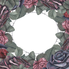 Border frame black spider with cobweb and dark roses flowers and leaves isolated on white background. Watercolor hand draw dark fantasy illustration. Art design mystical Halloween witch decoration