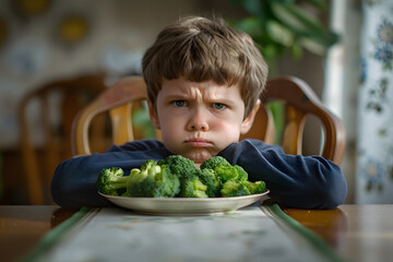
A child makes a disgusted and angry face at his plate of broccoli. Healthy child eating concept
