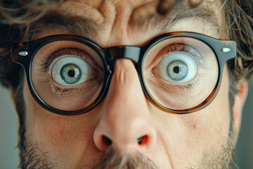 A man with glasses and a beard is looking at the camera with wide eyes. Concept of surprise or shock, man has just received unexpected news or encountered something startling. man with bulging eyes