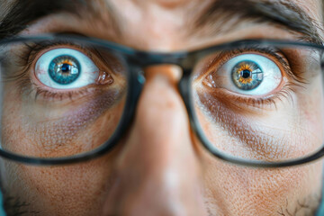 A man with glasses and a beard is looking at the camera with wide eyes. Concept of surprise or shock, man has just received unexpected news or encountered something startling. man with bulging eyes - obrazy, fototapety, plakaty
