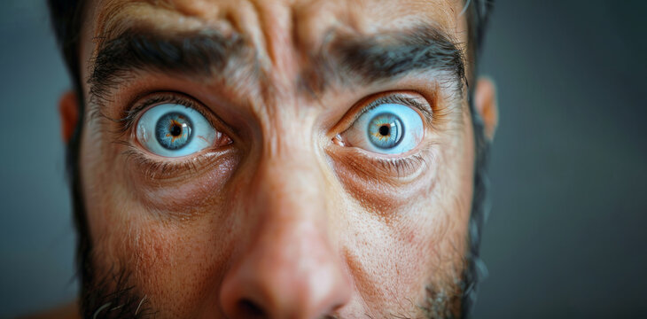 A man with glasses and a beard is looking at the camera with wide eyes. Concept of surprise or shock, man has just received unexpected news or encountered something startling. man with bulging eyes
