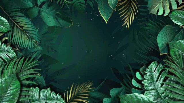 Enchanting animation featuring seamlessly looping forest plant leaves swaying gracefully against a dark green background with golden borders.