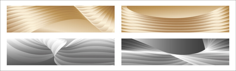 Wavy silver and gold parallel gradient lines, ribbons, silk. Set of 4 backgrounds. Black and white monochrome or golden silk background. Banner, poster. eps vector
