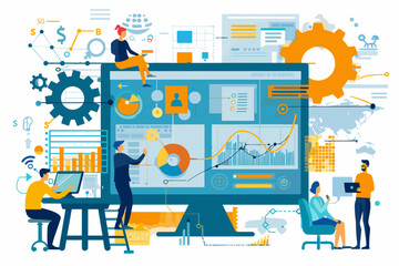 Fototapeta na wymiar Software Project Management - Planning Development with Gantt Chart, Budget, Resources. Laptop with PM Software, Schedule Diagram. Concept Vector Illustration for IT Business, Web Banner, Presentation