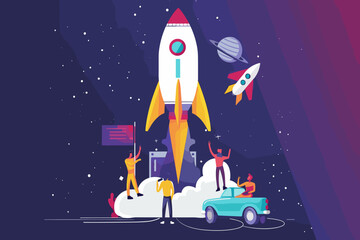 Startup Launch Success: Entrepreneurs Unveiling New Product with Excitement, Innovation in Technology and Business Growth Concept, Creative Illustration for Web Banner, Social Media, and Marketing Mat