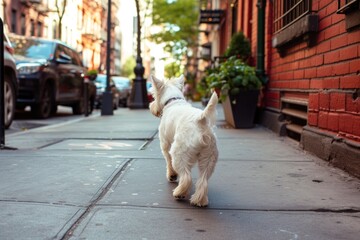 A confident Westie strutting down a city sidewalk, its tail held high and head held higher as it takes in the sights and sounds of the urban landscape, - obrazy, fototapety, plakaty