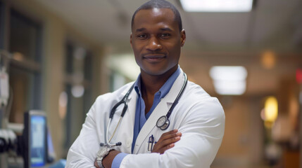 A confident healthcare professional in a lab coat with a stethoscope.