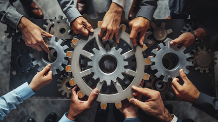 Teamwork of business people work together and combine pieces of gears, ai generated