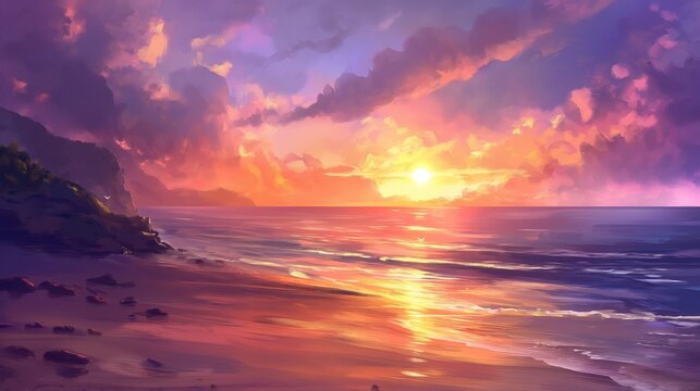 A majestic sunset painting the sky with hues of orange, pink, and purple over a tranquil beach