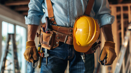 A close-up view of a construction worker's tool belt and hard hat.