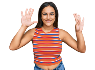 Young brunette woman wearing casual clothes showing and pointing up with fingers number nine while smiling confident and happy.