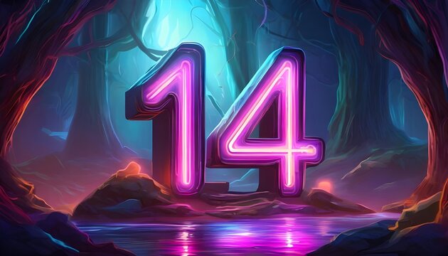 3d neon light number 14 glowing in the dark, pink blue neon light 