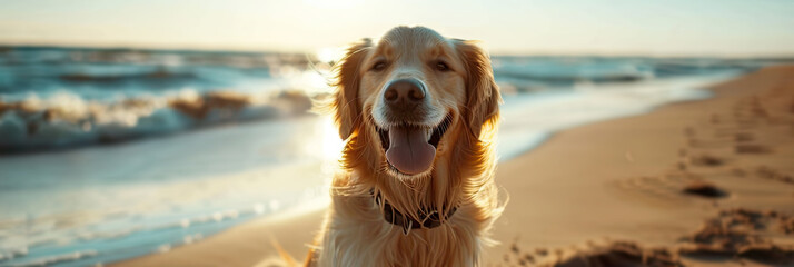 portrait of a happy dog at the beach - obrazy, fototapety, plakaty