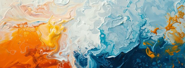 Detailed view of an abstract painting featuring vibrant blue, yellow, and orange hues in dynamic patterns and shapes