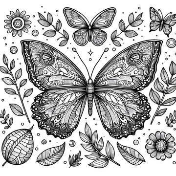 Vector black and white image of a butterfly on white background. Hand drawn butterfly zentangle style for t-shirt design