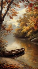 A peaceful riverside scene with a wooden rowboat moored on the bank, surrounded by autumn foliage