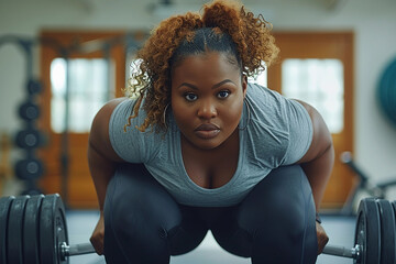 plus size overweight black woman in sportwear doing sport exercises at gym fitness twith sweaty face. Sports training equipment workout, AI