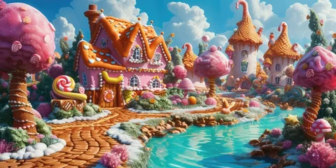 Fotobehang A whimsical and colorful candy village with houses made of confectionery delights and a river flowing with liquid sweetness. Resplendent. © Summit Art Creations