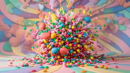 Fototapeta na wymiar colorful candies falling exploding around copy space creative ads background