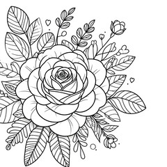 Cute Rose flower in coloring page style illustration, Line art painting.