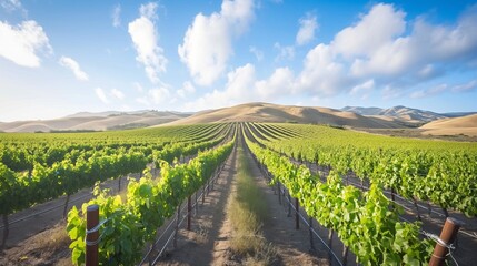 A picturesque vineyard with rows of grapevines stretching towards the horizon under a blue sky - obrazy, fototapety, plakaty