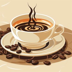 Obraz premium The coffee cup is simple and elegant, with a curved handle and a round base. The coffee beans are dark brown and roasted, and they are scattered around the cup.