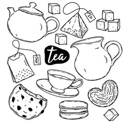 Tea break icons set. Dessert, cookies, tea bag, sugar, cup vector illustration.