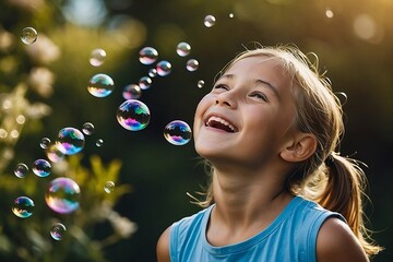 A young girl releases a stream of shimmering soap bubbles into the warm summer air, the bright blue sky and cheerful flowers serving as her backdrop.

