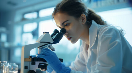 A scientist is examining a specimen through a microscope in a modern laboratory setting.