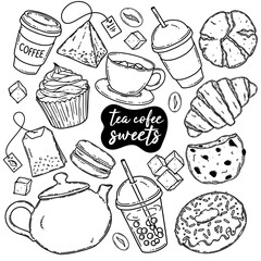 Coffee or tea break vector set, chocolate with marsmallow, tea bag, bubble tea, cookies, sweets, croissant and etc