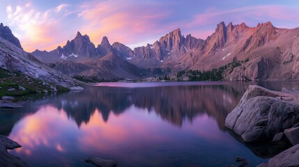 A serene lake nestled between towering mountains, reflecting the colors of the sunrise