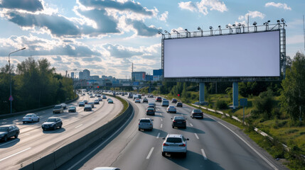 Empty Billboard During Daytime on Busy Road Business Traffic, Generative AI