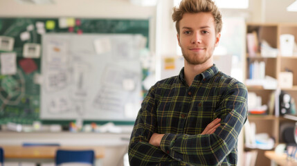 Obraz premium A smiling man stands confidently in front of a classroom whiteboard.