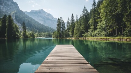 A serene mountain lake surrounded by towering pine trees, with a wooden dock stretching out into the water