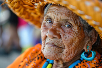 A woman with a straw hat on her head and blue earrings. She has a wrinkled face and is looking at the camera. elderly woman in orange tanz