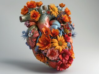 Anatomic watercolour heart with big flowers