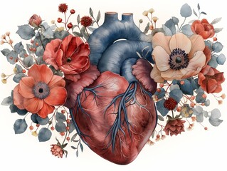 Anatomic watercolour heart with big flowers