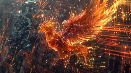A digital phoenix rising from circuitry ashes symbolizing rebirth and innovation