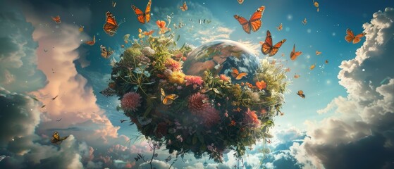 Fototapeta na wymiar A group of butterflies fluttering around a planet made entirely of flowers and lush gardens
