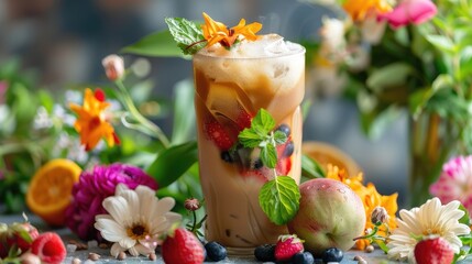 A vibrant summer iced coffee scene with fresh fruits and flowers around the glass